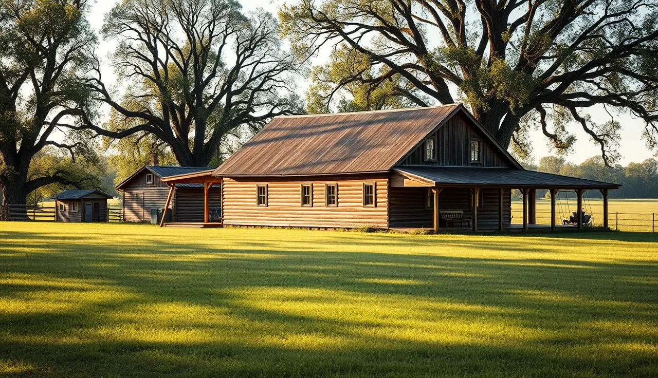 Rural farmhouse with grassy backyard and swing set on a clear morning