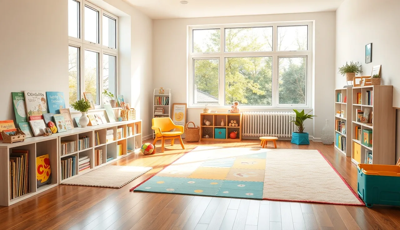 Home daycare play area with bookshelves, colorful mats, and morning sunlight