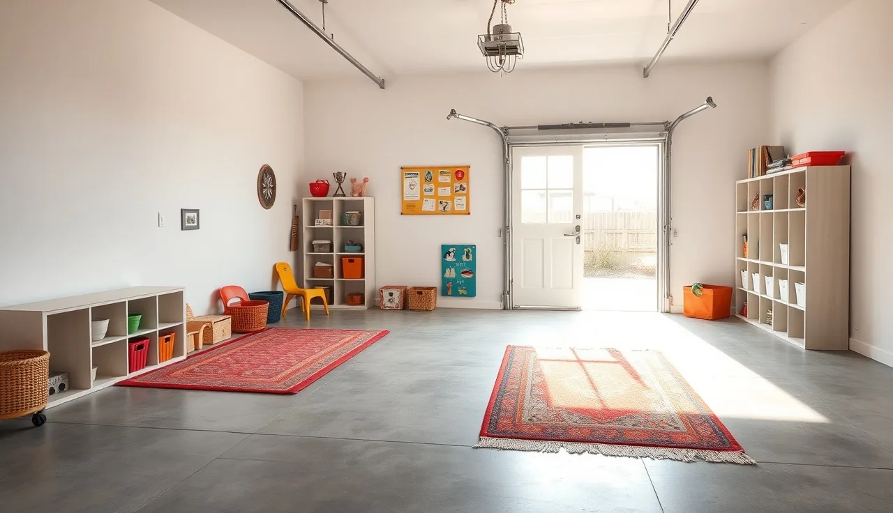 Converted garage interior set up as a licensed home daycare space with cubbies and rugs