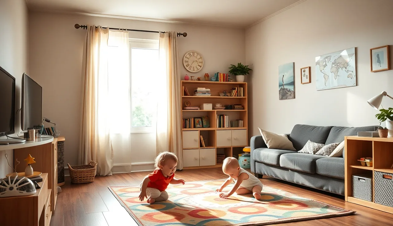 Small home daycare living room with toddlers playing on a rug in morning light