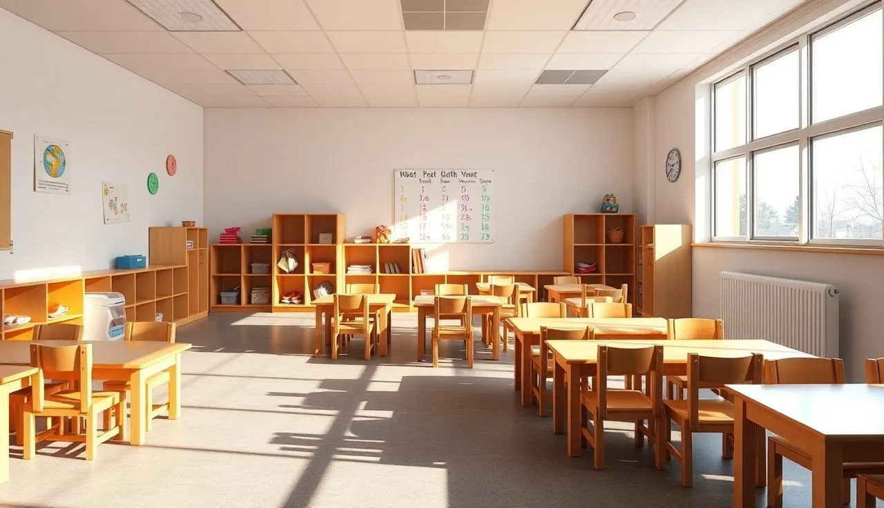 Empty preschool classroom with small chairs, cubbies, and morning light through large windows