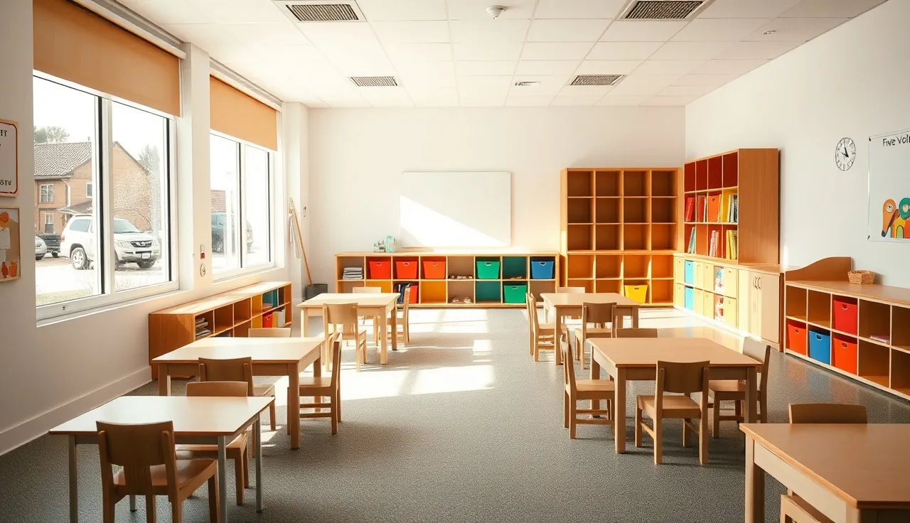 Empty Alabama preschool classroom with wooden tables and morning sunlight