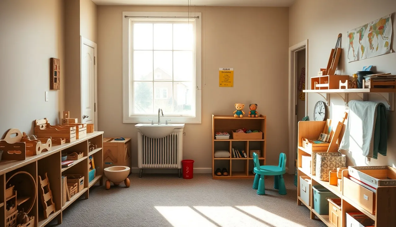 Empty Michigan home daycare playroom with organized toys and safety equipment visible