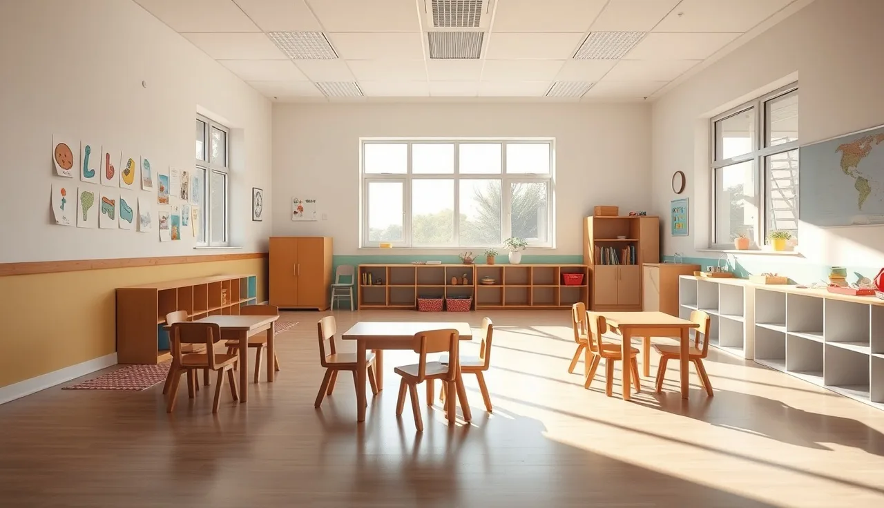 Empty Texas preschool classroom with small chairs and cubbies ready for inspection