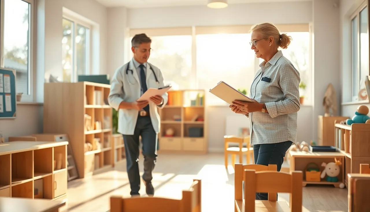 Daycare inspector reviewing classroom shelves during a Virginia licensing inspection