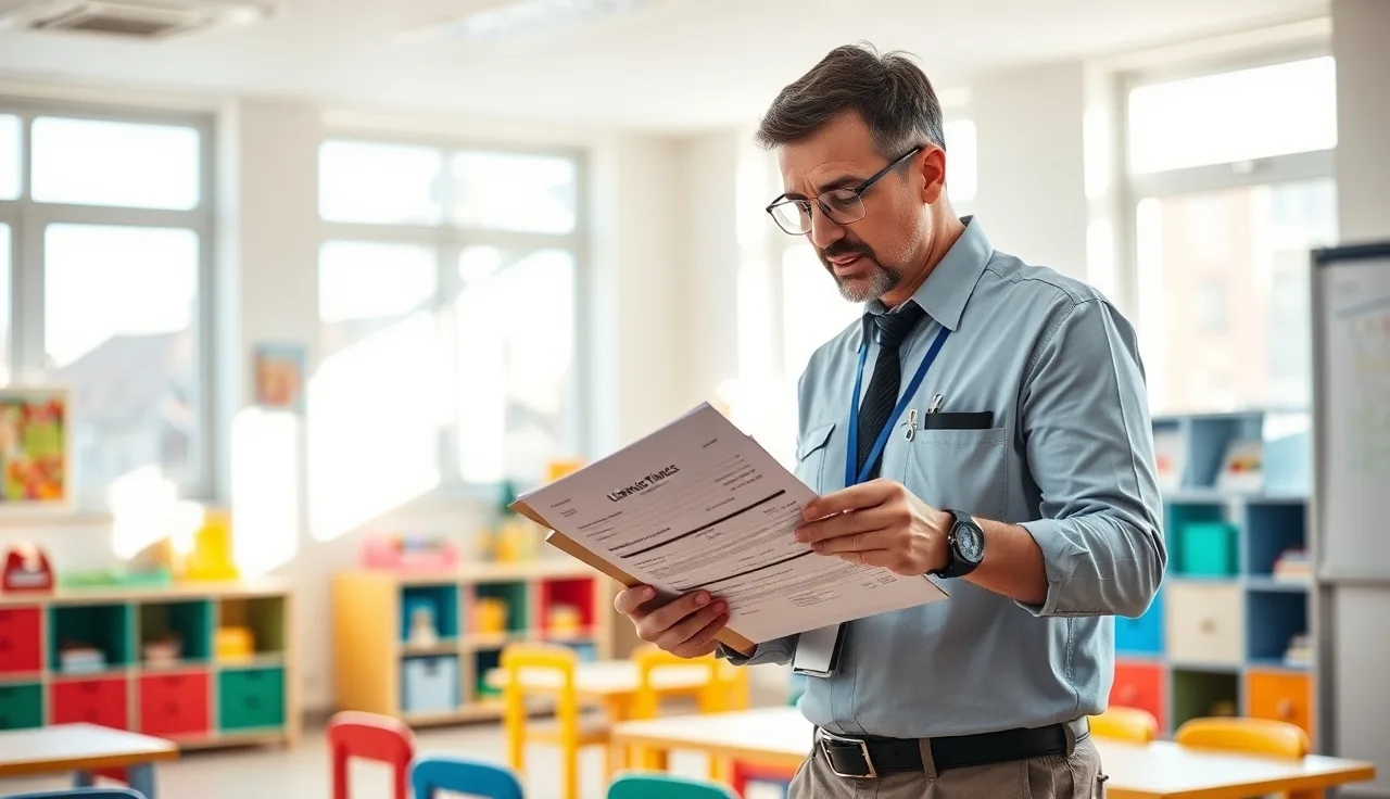 Childcare licensing inspector reviewing a compliance document inside a daycare classroom