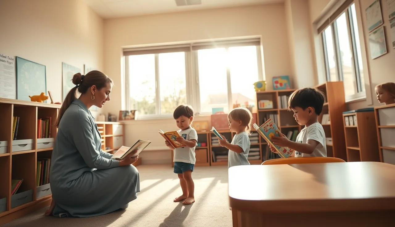 Teacher kneeling beside children in a sunny preschool classroom during ECERS observation