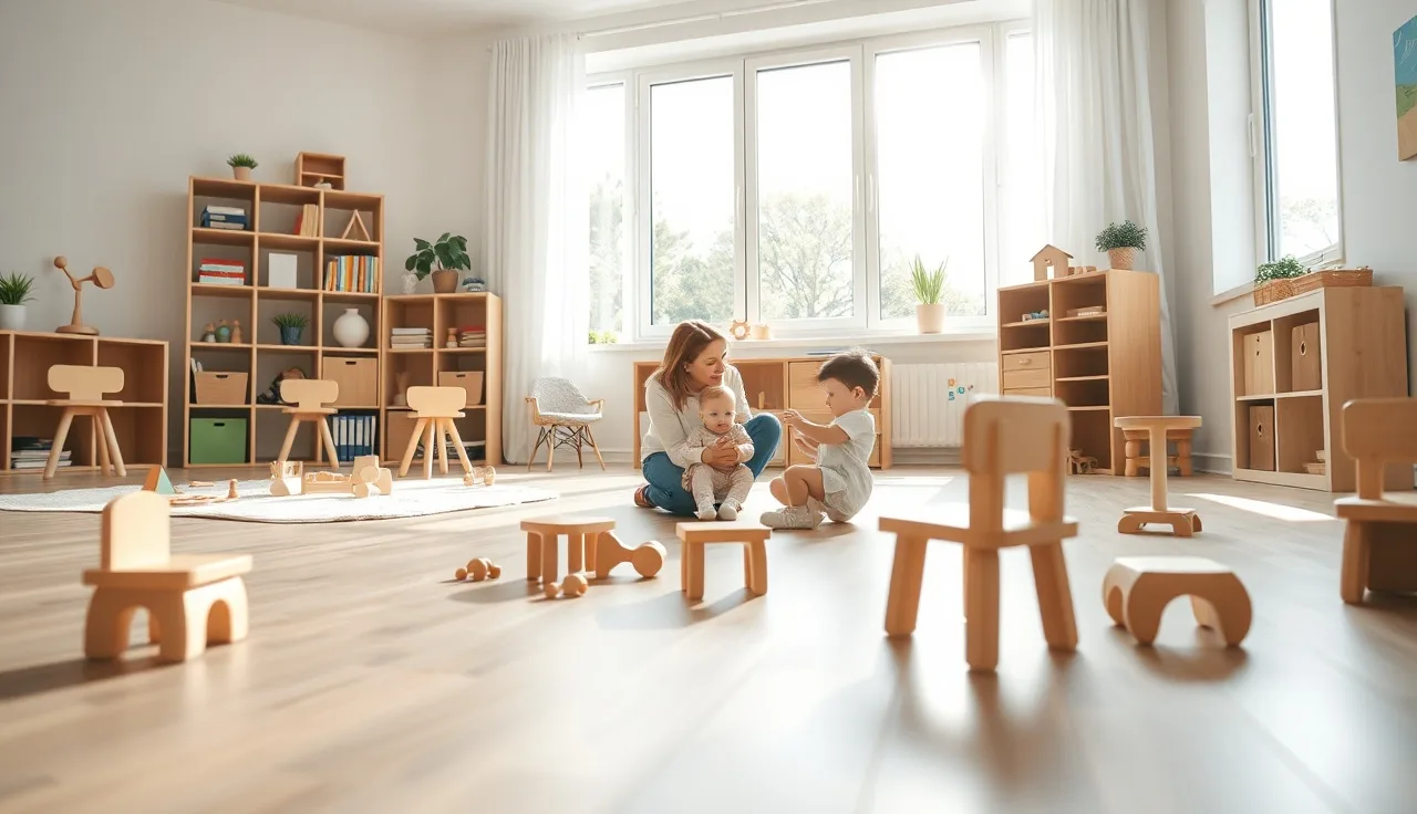 Caregiver kneeling with toddlers in a sunlit group family daycare playroom