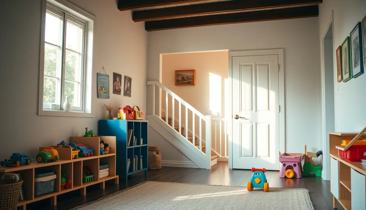 Converted home living room set up as a licensed family daycare space in Tennessee