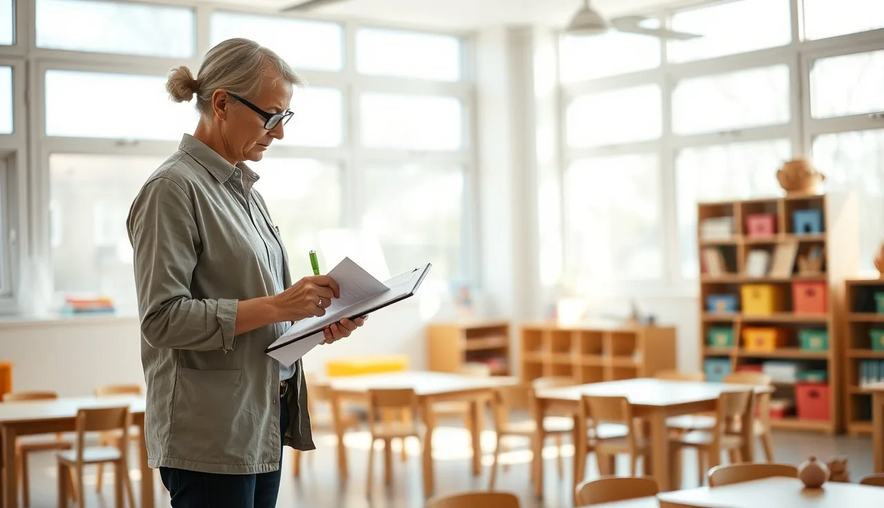 Childcare licensing inspector reviewing a daycare classroom during a compliance inspection