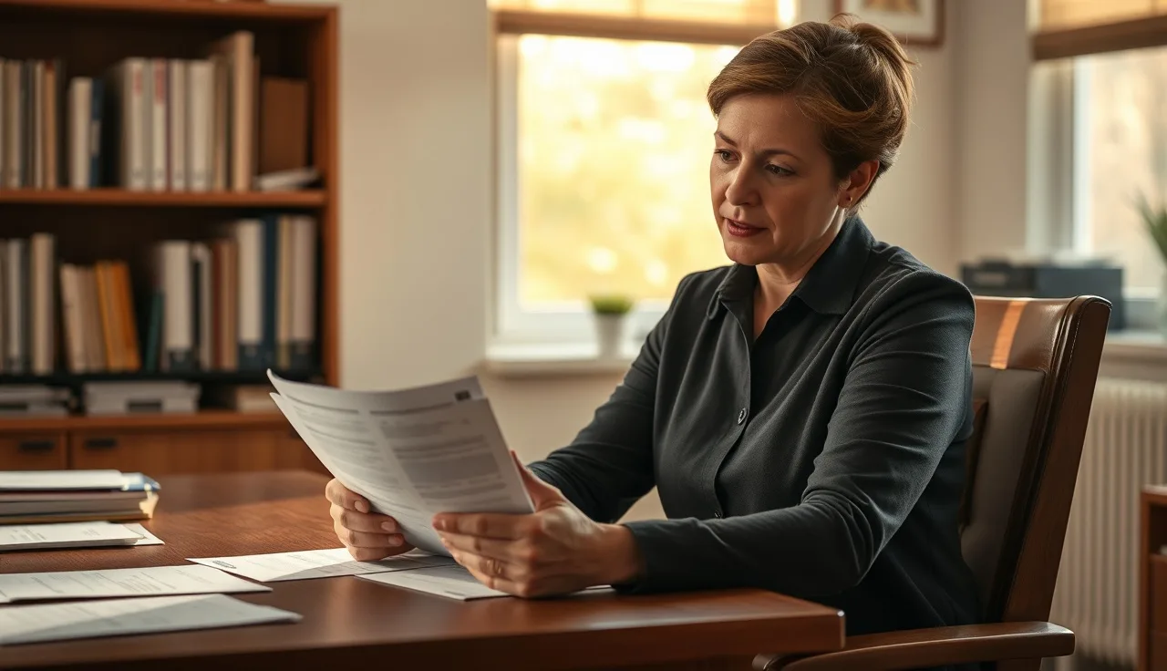 Daycare director reviewing licensing paperwork at a desk during a licensing appeal process