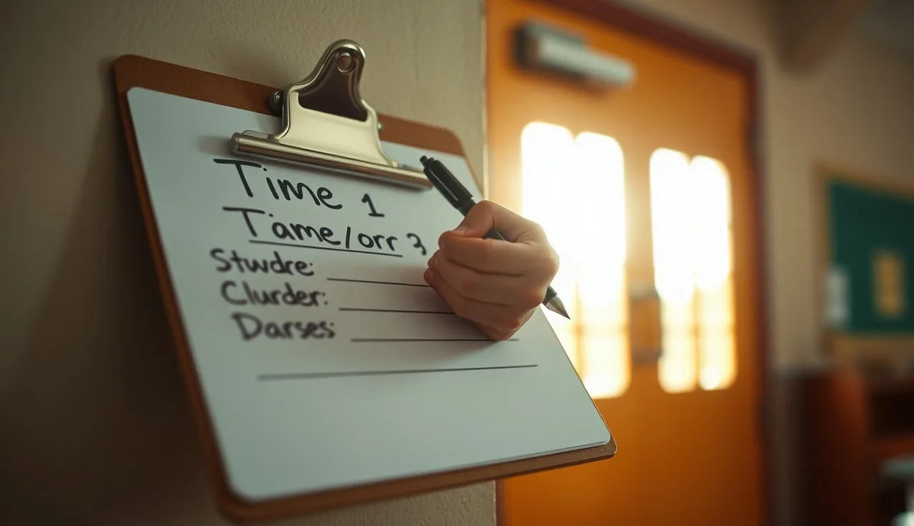 Parent signing a child into daycare on a clipboard at a classroom door