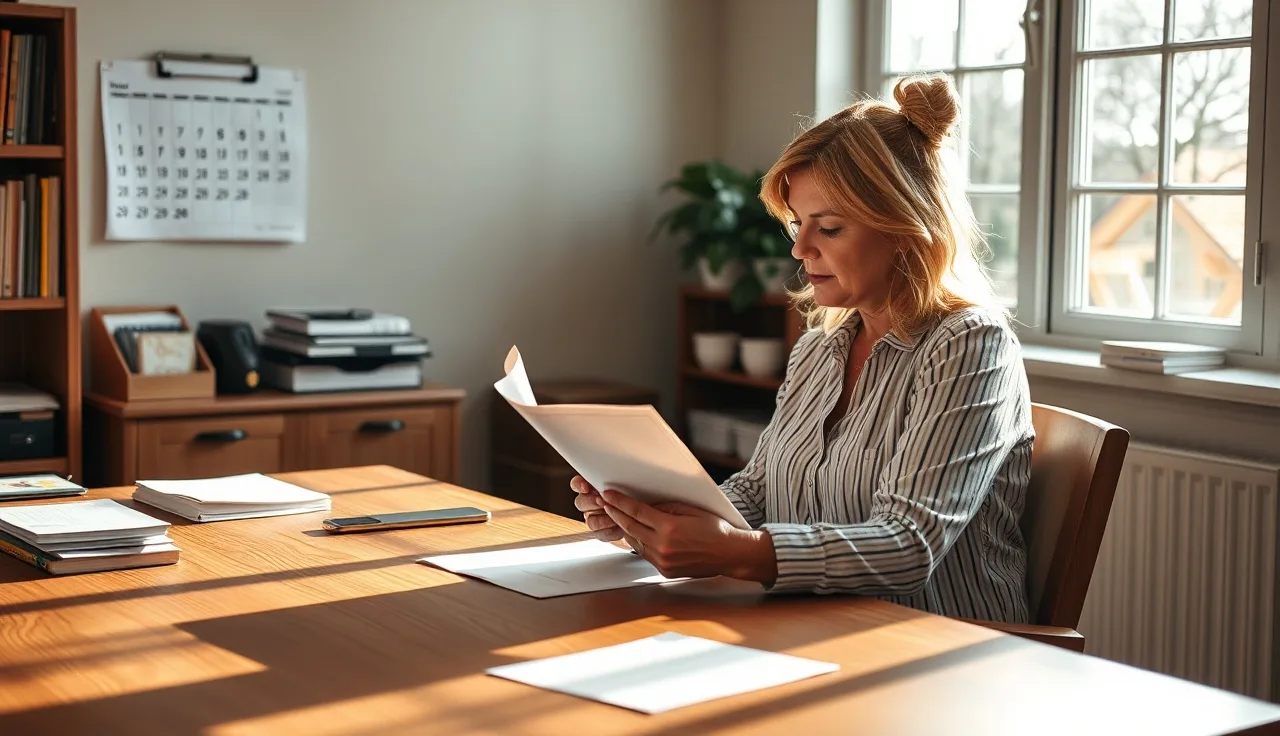 Childcare director reviewing licensing renewal paperwork at a wooden desk