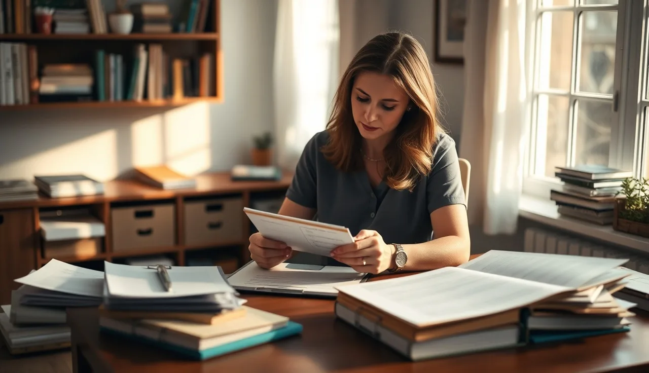 Daycare provider reviewing licensing compliance records at a home office desk