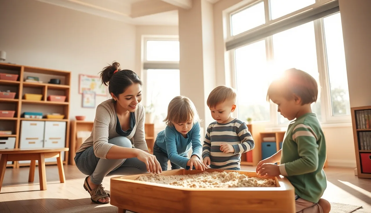 Teacher kneeling beside two preschool children during a hands-on classroom activity