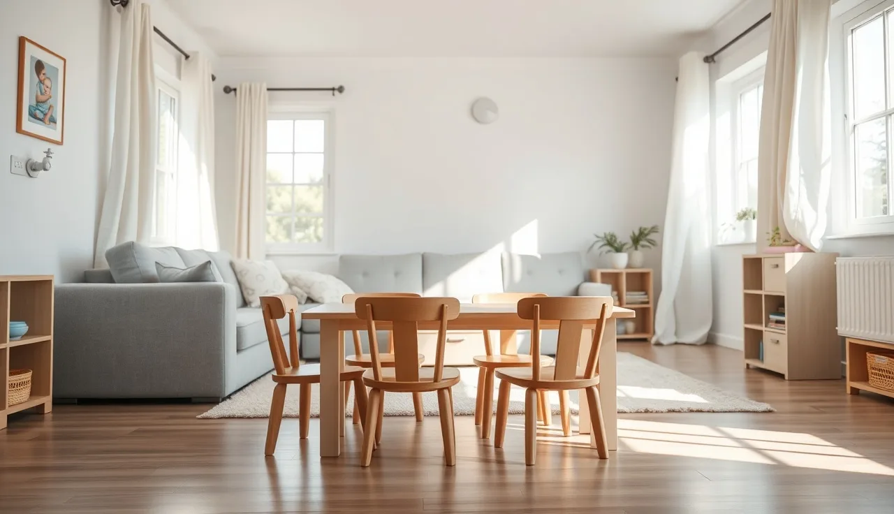 Sunlit home daycare room with small chairs and visible outlet covers on walls
