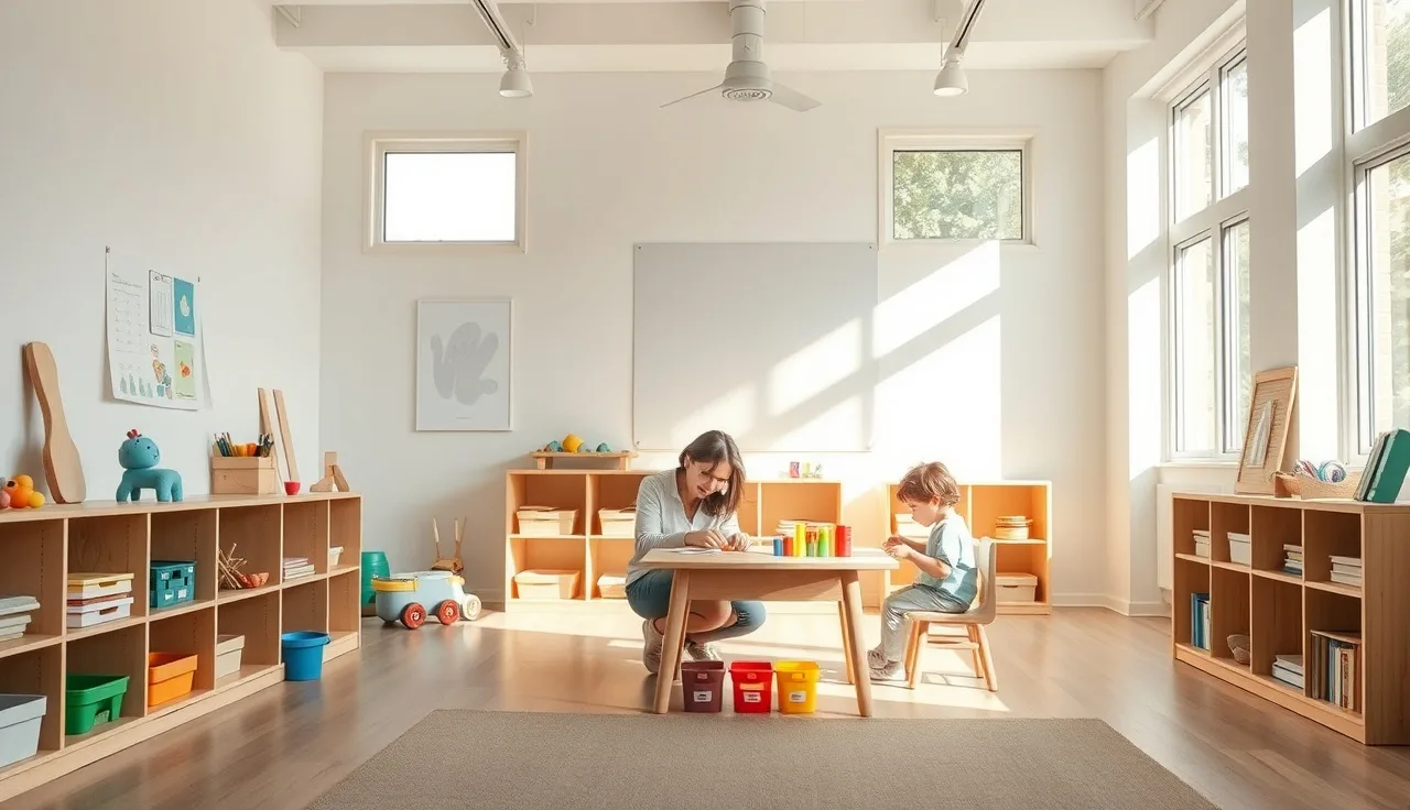 Teacher and children working at a small table in a sunlit preschool classroom