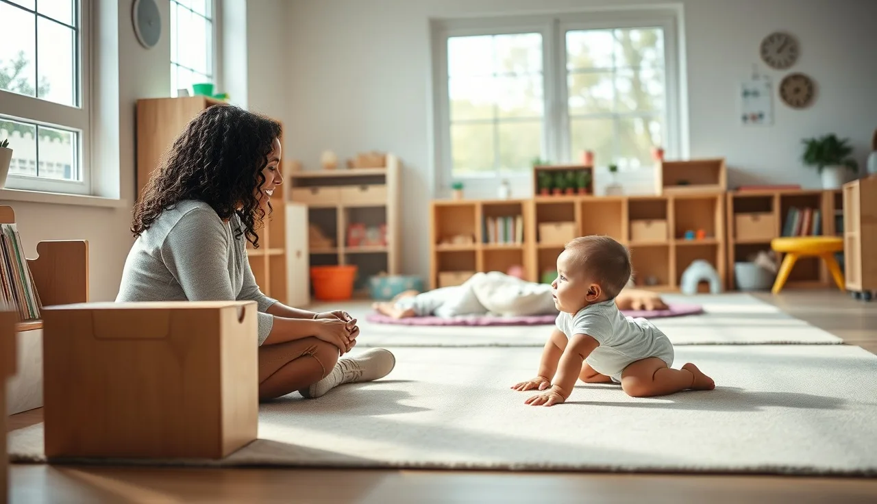 Caregiver sitting on floor with crawling infant in a licensed infant room
