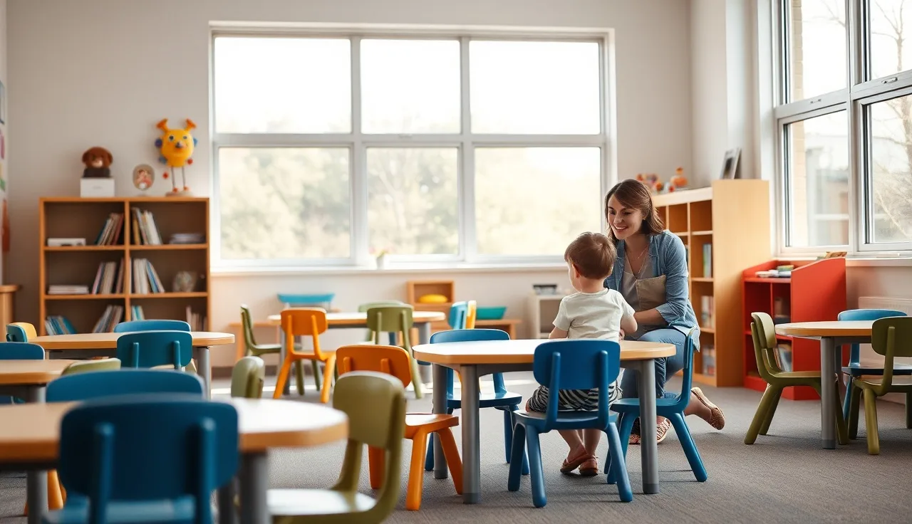 Childcare provider speaking with two toddlers in a licensed Missouri daycare classroom