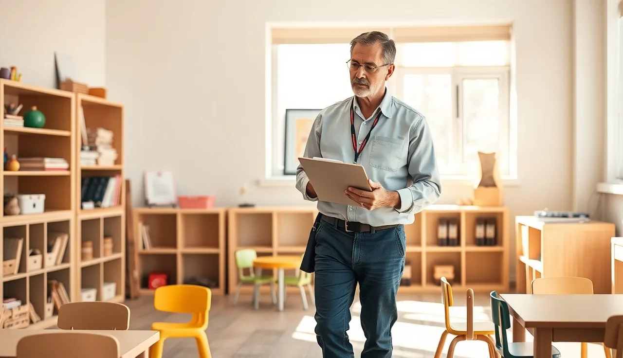 Licensing specialist reviewing a daycare classroom during a renewal inspection visit