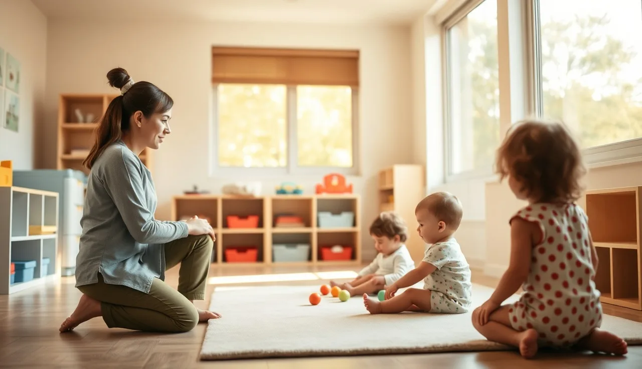 Caregiver supervising toddlers on a mat during a childcare licensing compliance visit