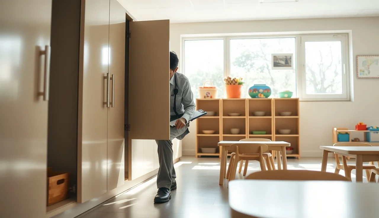 Daycare licensing inspector checking cabinet safety latch in empty classroom