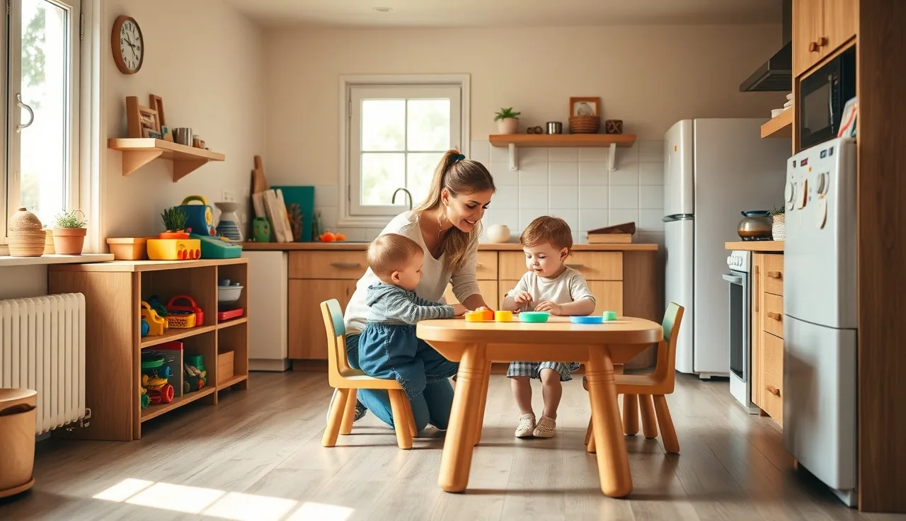 Home daycare provider kneeling beside toddlers at a small activity table