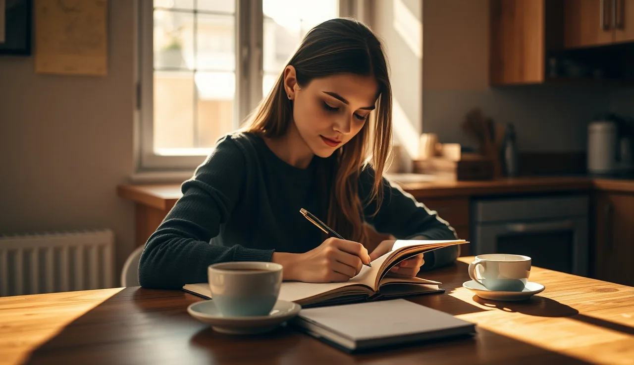 Early childhood educator writing her CDA autobiography by hand at a kitchen table