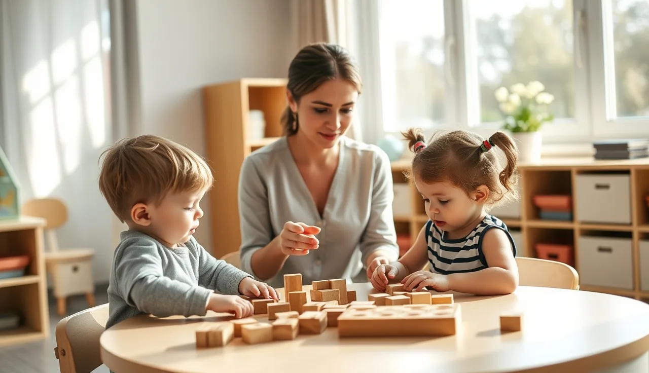 Childcare teacher working with toddlers at a table, earning CDA credential in Virginia