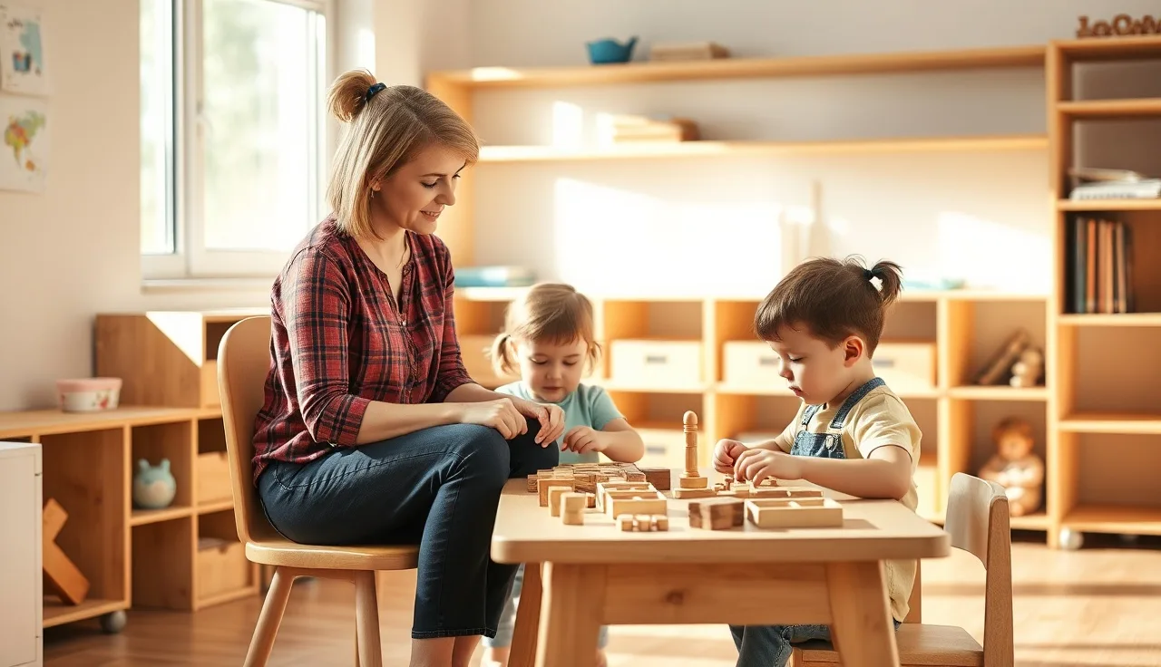 Childcare educator working at a table with two young children in a sunlit classroom
