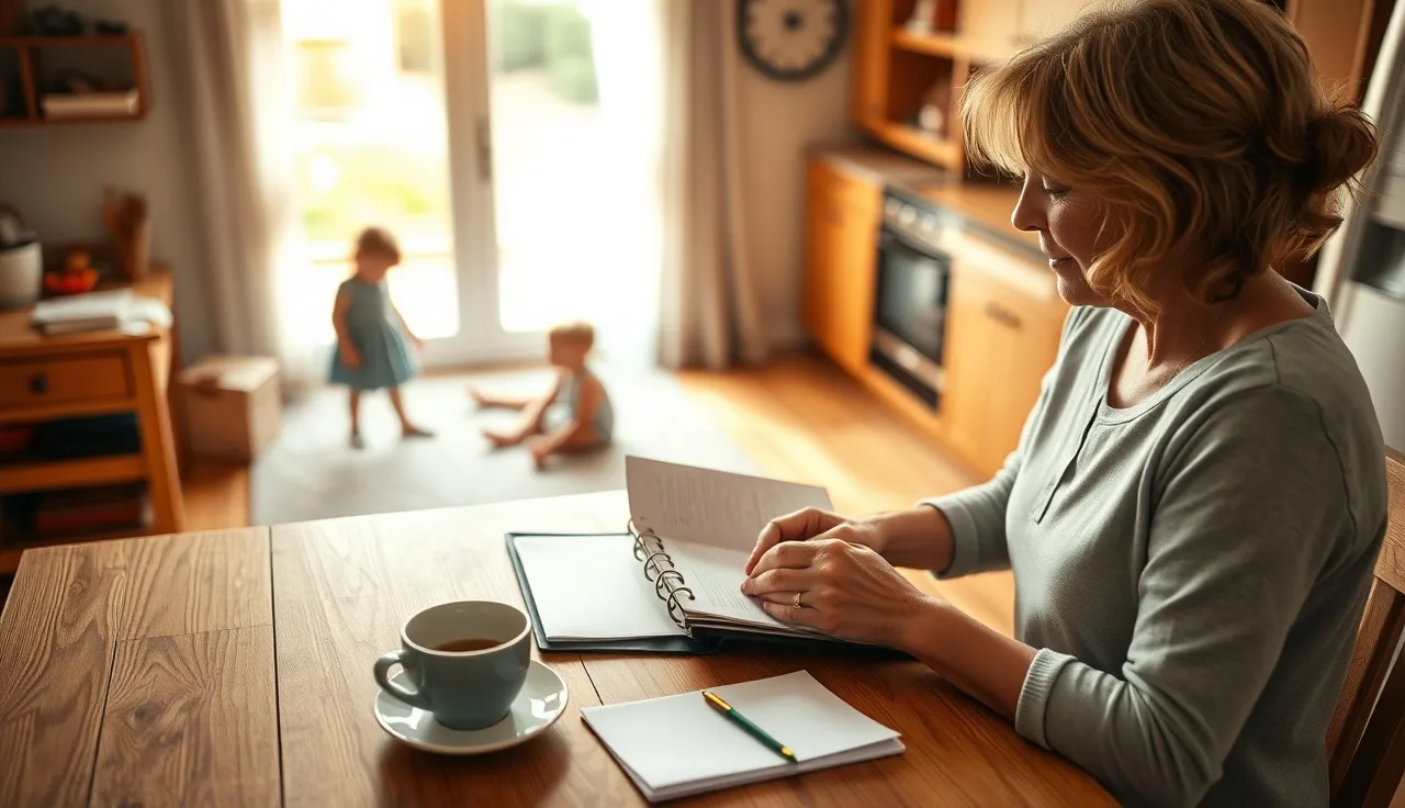 Childcare provider reviewing CDA portfolio notes at a kitchen table