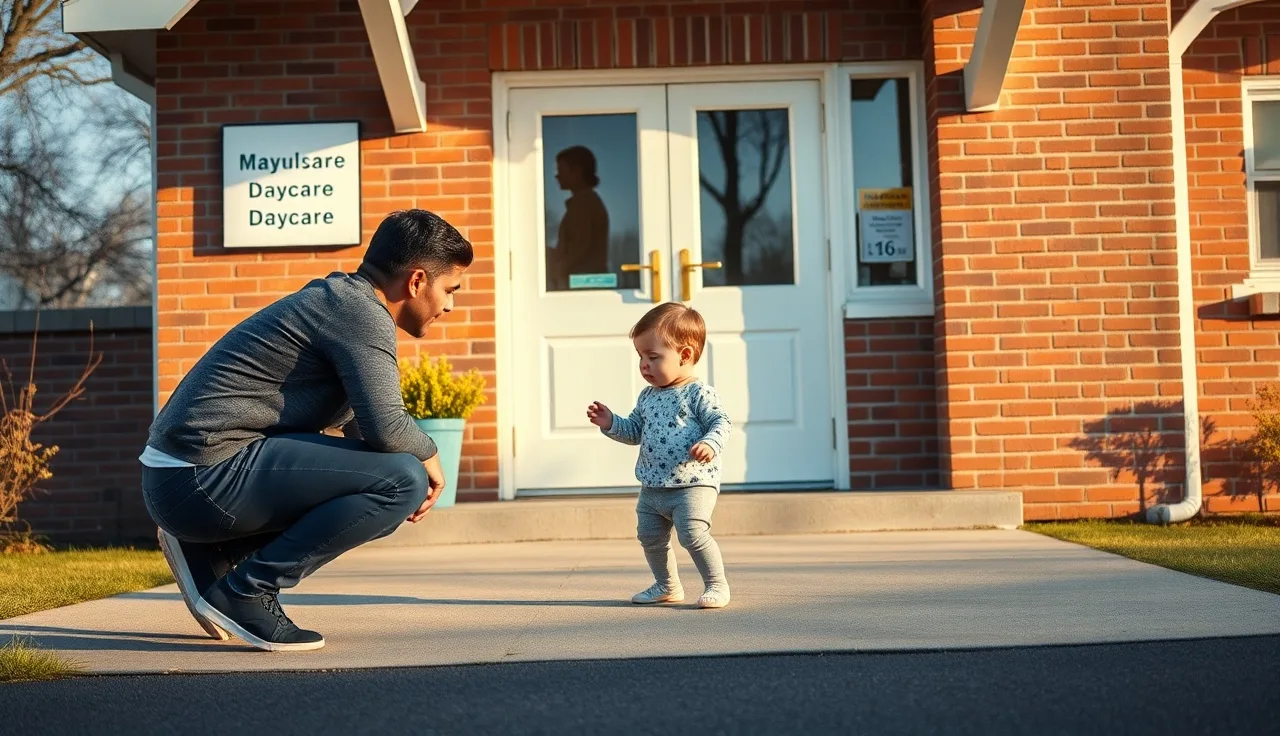 Parent and toddler arriving at a small brick daycare building in morning light