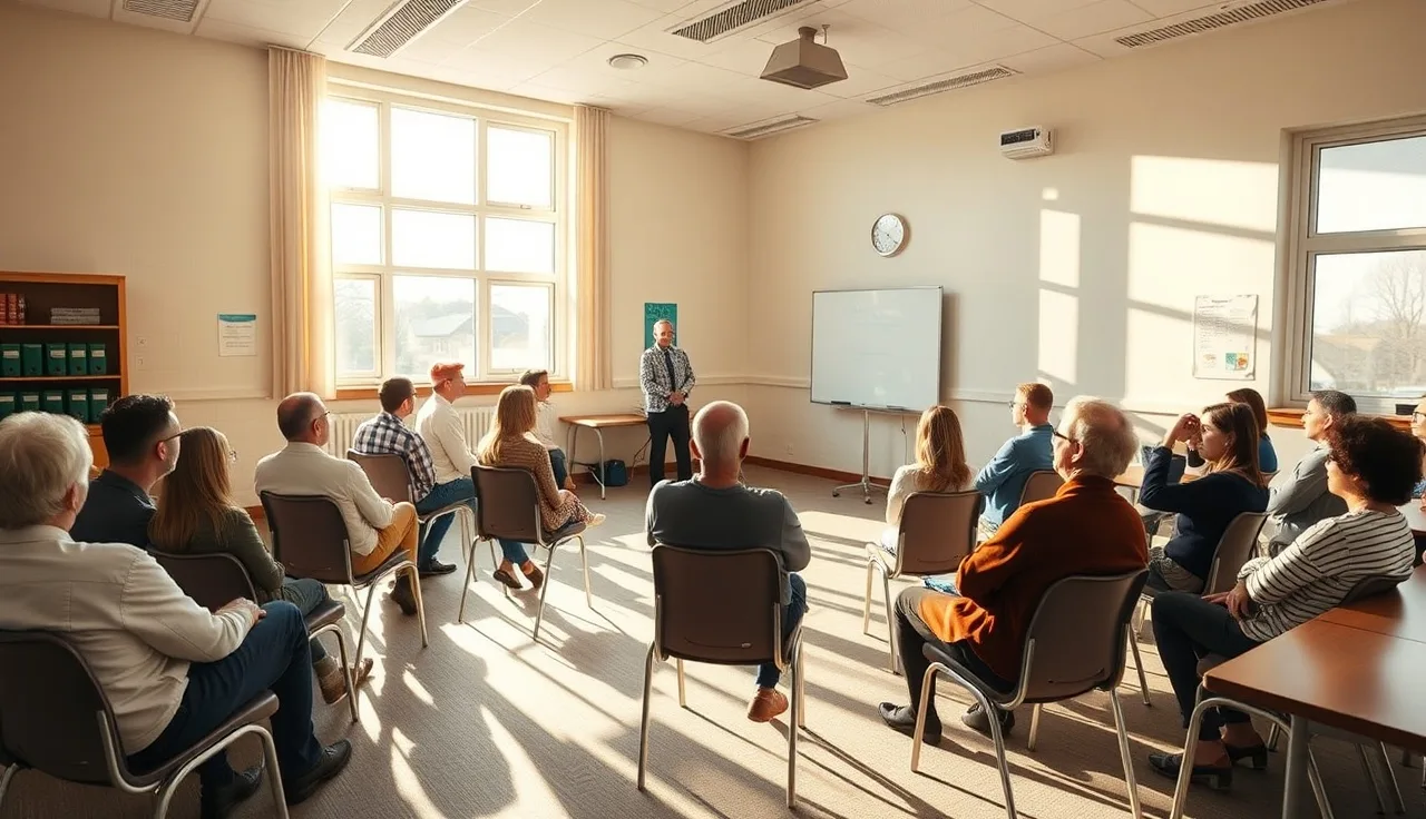 Adult learners in a community classroom attending a daycare licensing training session