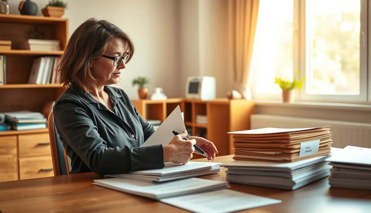 Childcare provider organizing consent forms and enrollment files at a desk