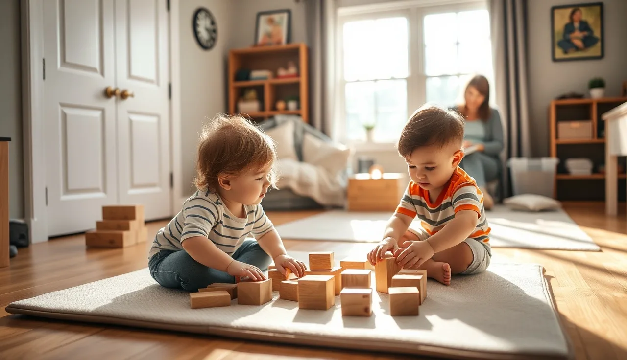 Caregiver watching two toddlers play in a licensed home daycare in Connecticut