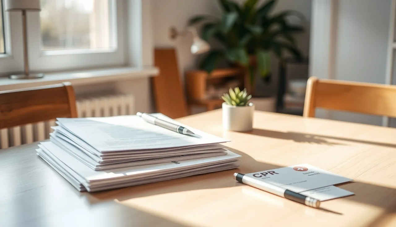 Paper daycare license application forms and CPR cards on a sunlit kitchen table
