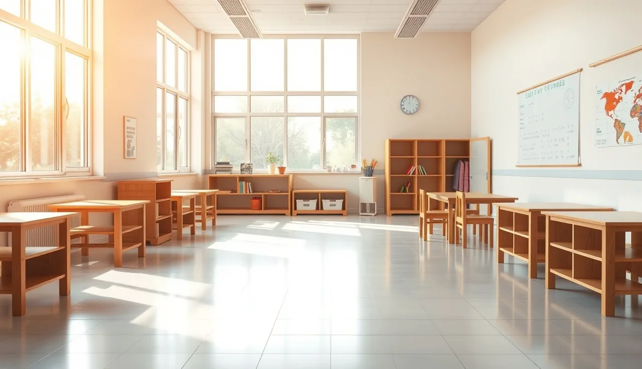 Empty licensed daycare center classroom with small tables and morning light