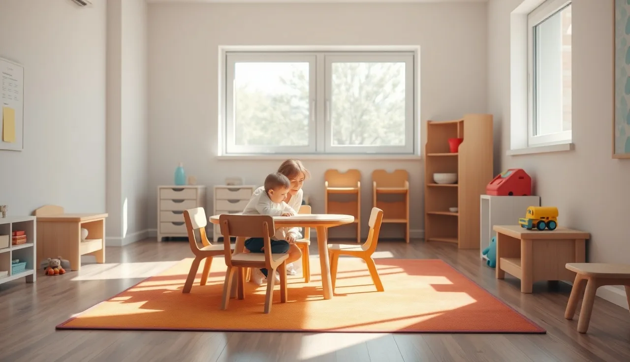 Teacher kneeling beside a toddler in a sunlit daycare center classroom
