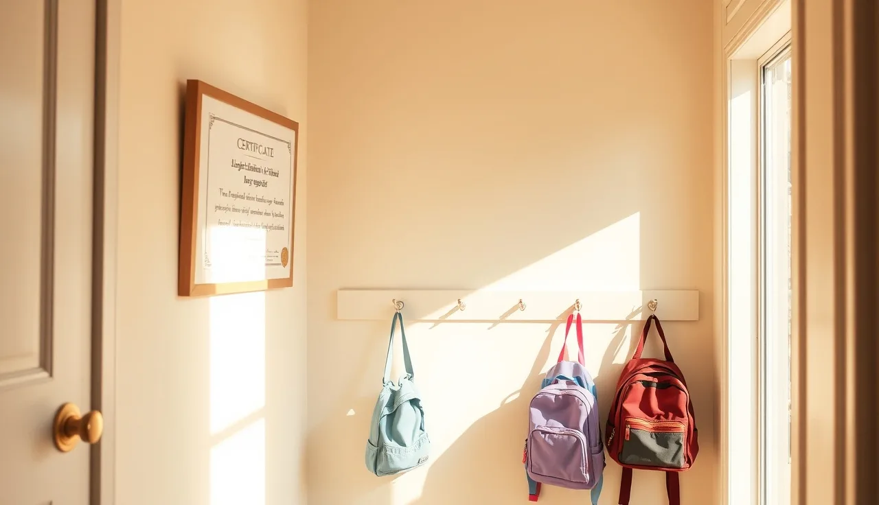 Framed daycare license certificate displayed on a sunlit hallway wall near children's backpacks
