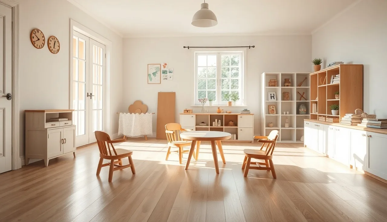 Sunny home daycare playroom with small chairs and table, no children