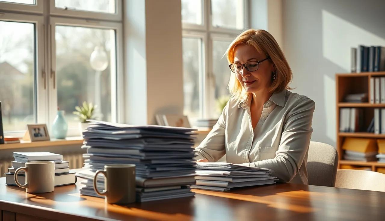 Childcare provider reviewing daycare licensing forms at a sunlit desk
