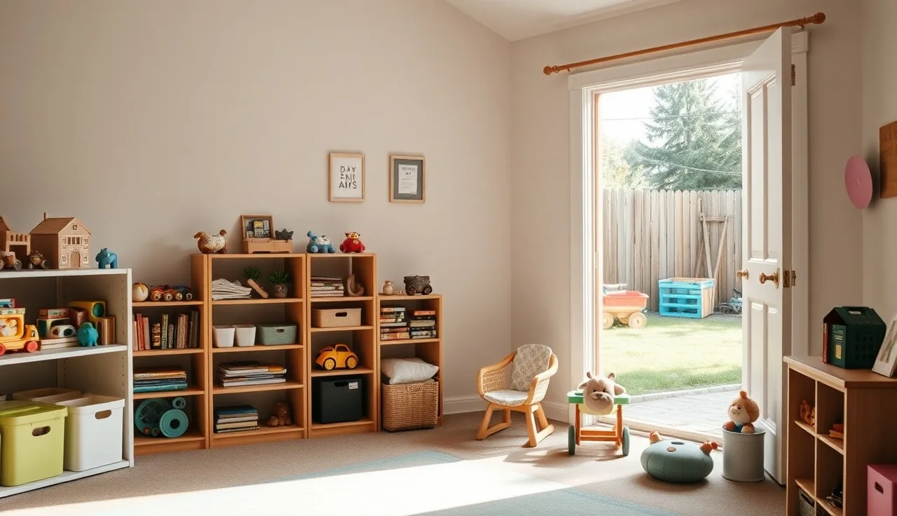 Organized family home daycare playroom with toy shelves and outdoor play area visible
