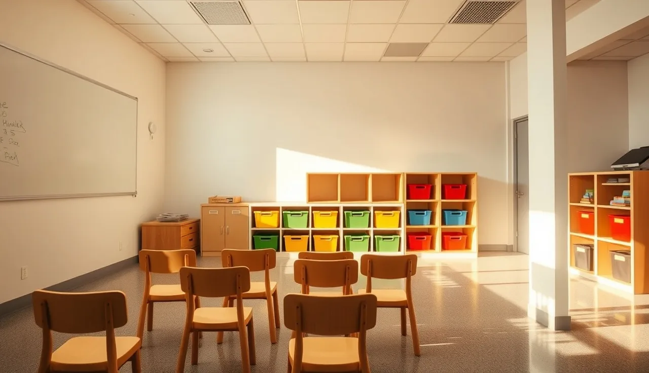 Empty licensed daycare classroom with small chairs and cubbies in morning light