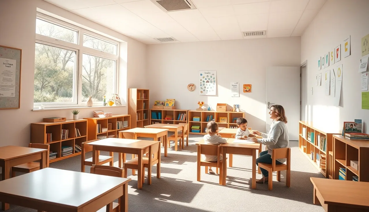 Licensed childcare classroom with toddlers and a caregiver seated at low tables