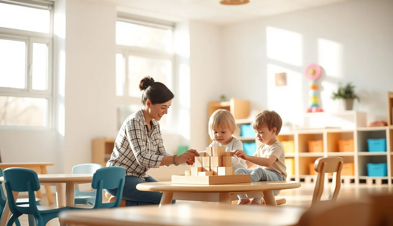 Caregiver with two toddlers in a licensed daycare center classroom