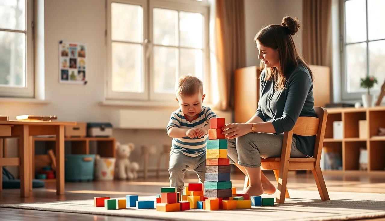 Childcare teacher observing toddler stacking blocks during developmental activity in daycare classroom