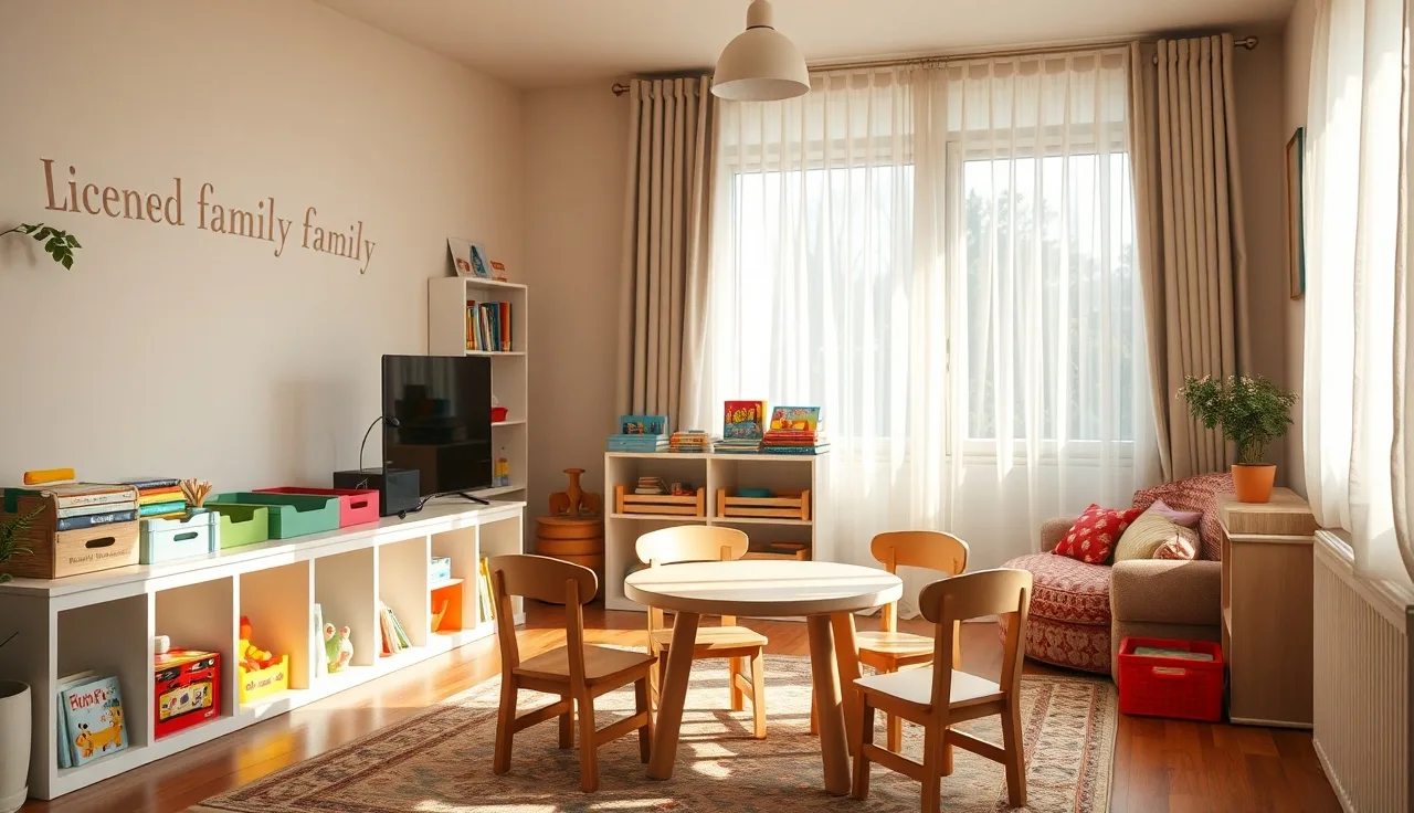 Bright family daycare home playroom with small chairs and toy shelves, natural light