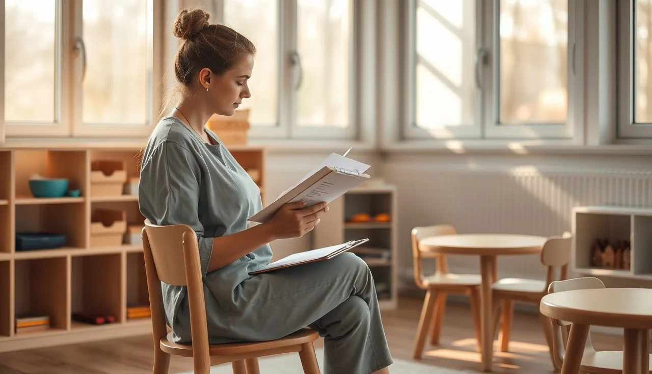 Childcare provider reviewing DHS daycare licensing paperwork in a sunlit classroom