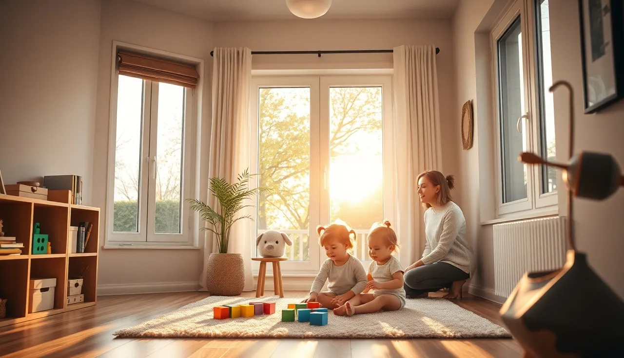 Toddlers playing in a home daycare room with a caregiver watching