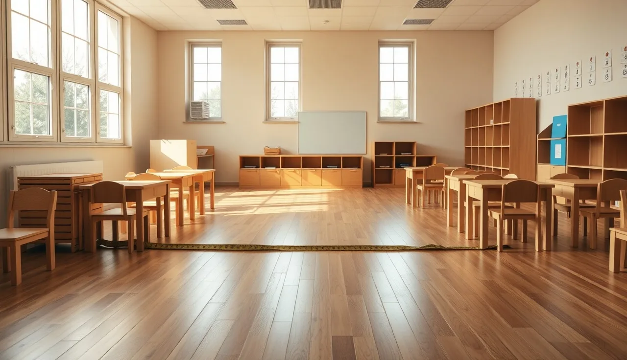 Empty preschool classroom with a tape measure stretched across the open floor